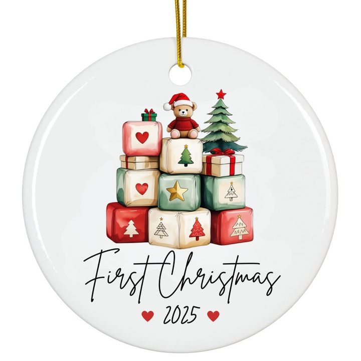 Személyre szabott fehér akril dísz, baba Első Karácsony 2025 8cm