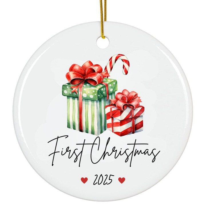 Fehér akril karácsonyfadísz "Első karácsony 2025" baba 8cm