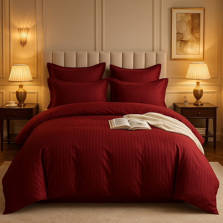 Lenjerie de pat Casa Pucioasa, Finet 6 piese, Bumbac 100%, Uni Bordo, cu Cearsaf cu Elastic, 2 fete perna 55x80 cm, 2 fete perna 75x75 cm, pentru pat dublu 2 persoane