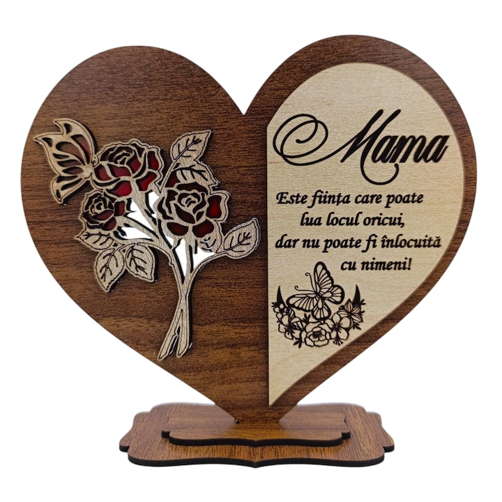 Cadou personalizat pentru Mama, model 2 - inima cu mesaj personalizat – 15 cm, nuc