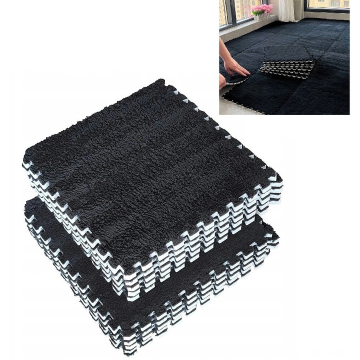 Килим Zola, Плюшен, тип пъзел от пяна, 12 елемента, дебелина 1 см, 120 x 90 см, черен
