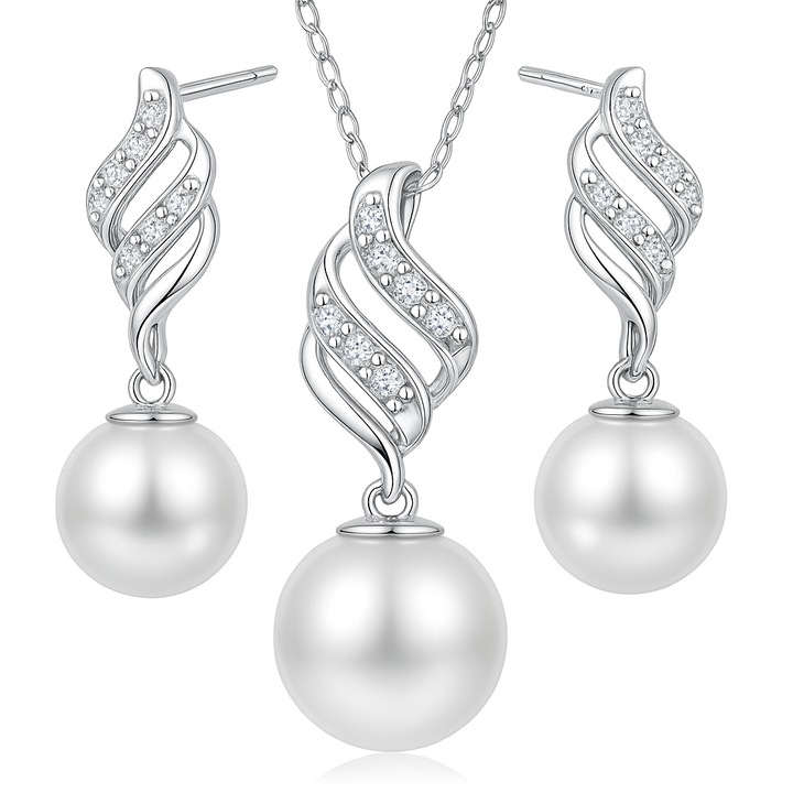 Set argintiu dama, aliaj 925, perle, colier, pandantiv, lant, cercei, bijuterie exclusivista, ideala pentru fiecare fata, femeie