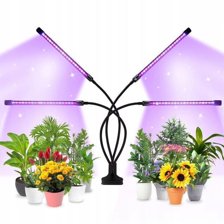 Növénytermesztő lámpakészlet 4 rugalmas szárral, Zola, piros/kék LED-ek, állítható fény, időzítő, csíptetős rögzítés, USB tápellátás, szár hossza 38 cm, fekete