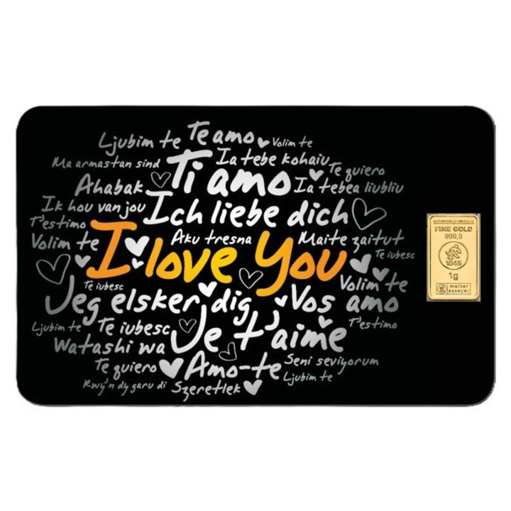 Lingou de aur fin 1 gram, Heimerle + Meule, 24 K, puritate 999, 9 ‰, I Love You, Te Iubesc