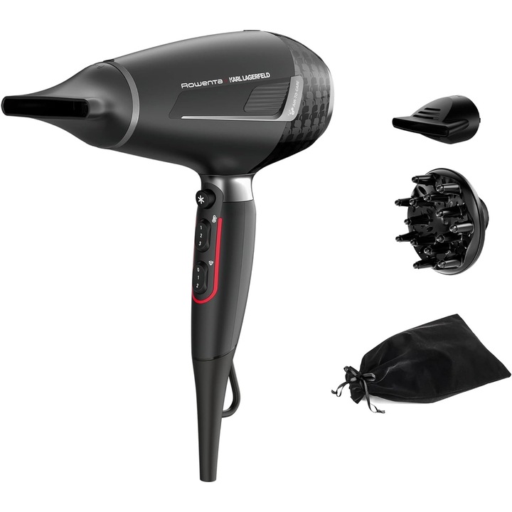 Rowenta X Karl Lagerfeld CV888L K/Pro Stylist hajszárító, 2200 W-os AC motor, ultragyors szárítás, ionos ragyogás, ragyogásfokozó, hideglevegő gomb, tartozékokkal, fekete/piros