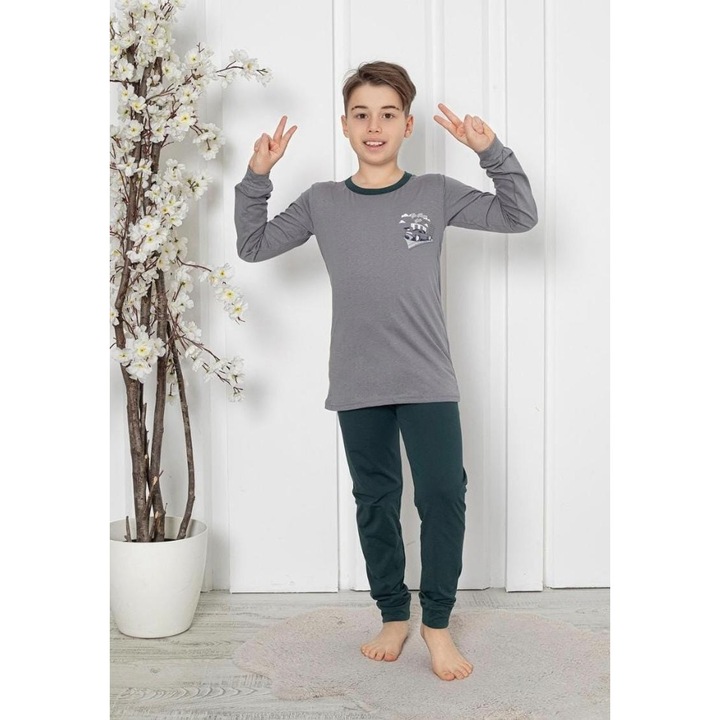 Pijama baieti, din material bumbac, maneci si pantaloni lungi, gri 15 11905, Maro