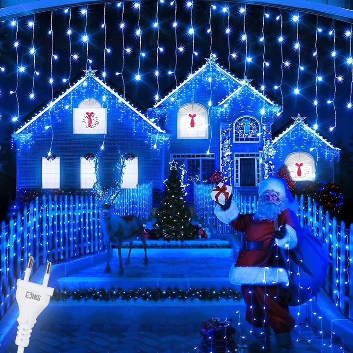 SIKS 25 méteres jégcsap karácsonyi fényfüzér, 640 LED, házra / kertre / kerítésre, 8 fénymóddal, csöpögő rojtokkal, kültéri/beltéri, átlátszó vezeték, összekapcsolható, vízálló, kék