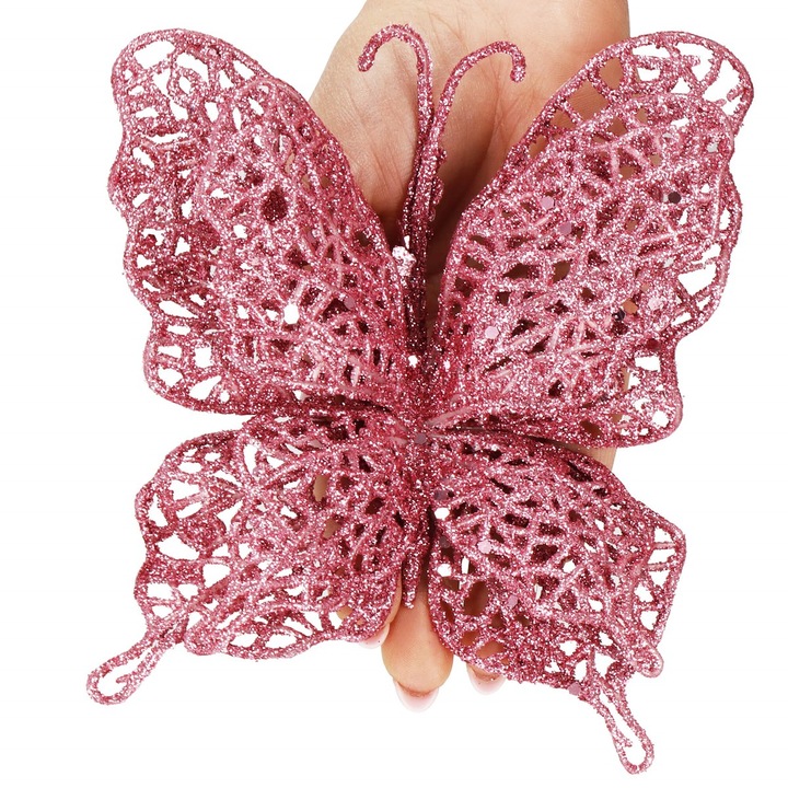 Decoratiune de Craciun, Springos, fluture cu sclipici, 16 x 12, 5 cm, plastic, modelabil, aspect realist, finisaj lucios, roz, 8
