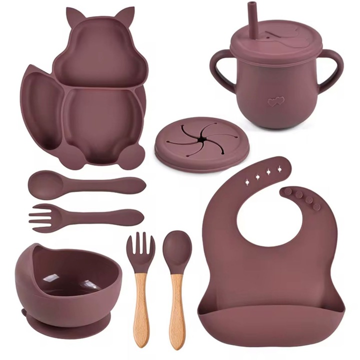 Комплект за хранене от силикон за деца – 8 части, от силикон без BPA, 6+ месеца, чиния, купа, чаша, лигавник, прибори, Комплект за захранване