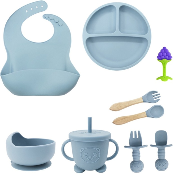 Set hranire bebelusi si copii, cu jucarie dentitie strugure, silicon, BPA free, antialergenic, cu ventuze, albastru, Funny Party Team®