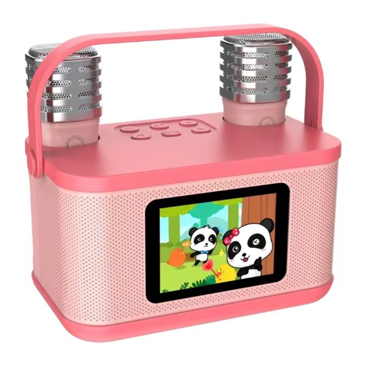 Hordozható Karaoke Mikrofon Bluetooth Hangszóróval, LED Fényekkel, 2000mAh, gyerekeknek, rózsaszín