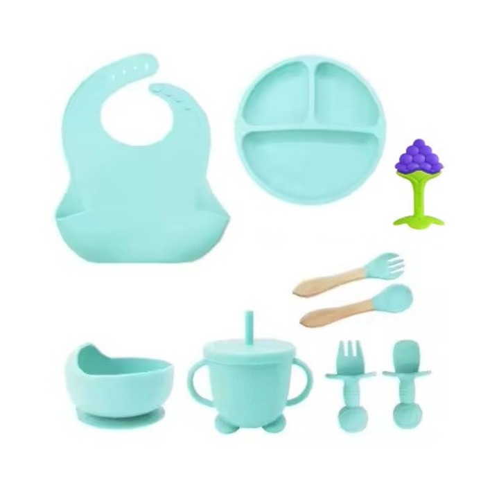 Etetőszett babáknak szőlő fogzási játékkal, szilikon, BPA-mentes, antiallergén, tapadókorongokkal, türkiz, Funny Party Shop®