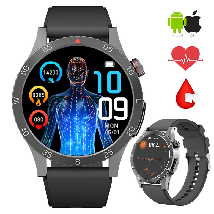 Смарт часовник ZENARK® HX 9 PRO, AMOLED Ultra 4K екран, Мониторинг на кръвна захар, ЕКГ, Сърдечен ритъм, Сън, Кислород в кръвта, Телесна температура, Кръвно налягане, Дишане, Пикочна киселина, Мазнини в кръвта, Известия от WhatsApp, Mail, Facebook, Черен