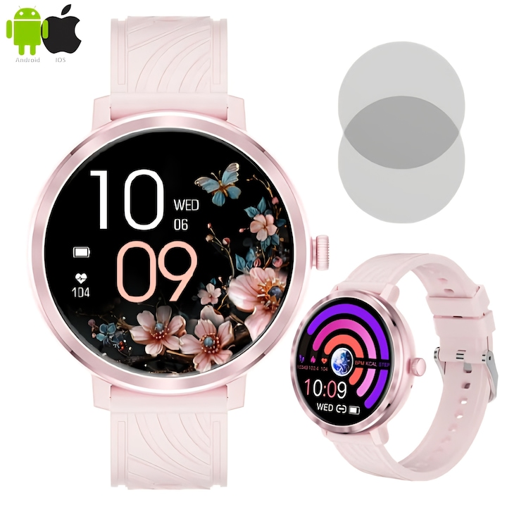 Смарт часовник за жени Zenark XN 7 PRO, 2 включени протектора за екран, 1.19 инчов AMOLED Ultra HD 4K екран, Известия/обаждания/SMS/поща, Сън, Сърдечен ритъм, Кръвно налягане, 100+ спортни режима, Водоустойчив IP67, Bluetooth 5.4, Розов