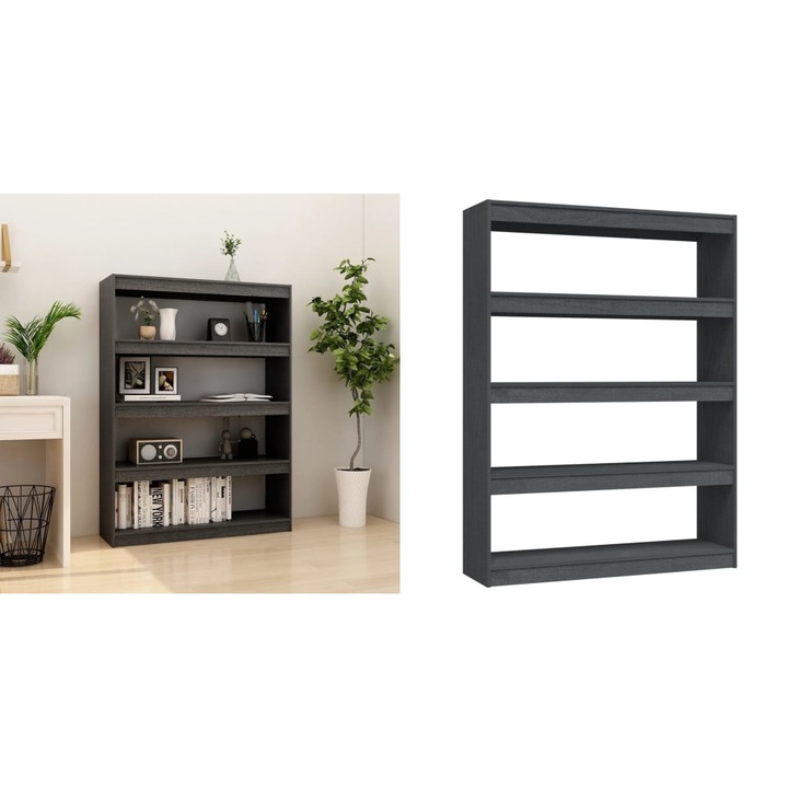 Biblioteca/Separator camera gri 100x30x135, 5 cm lemn masiv pin