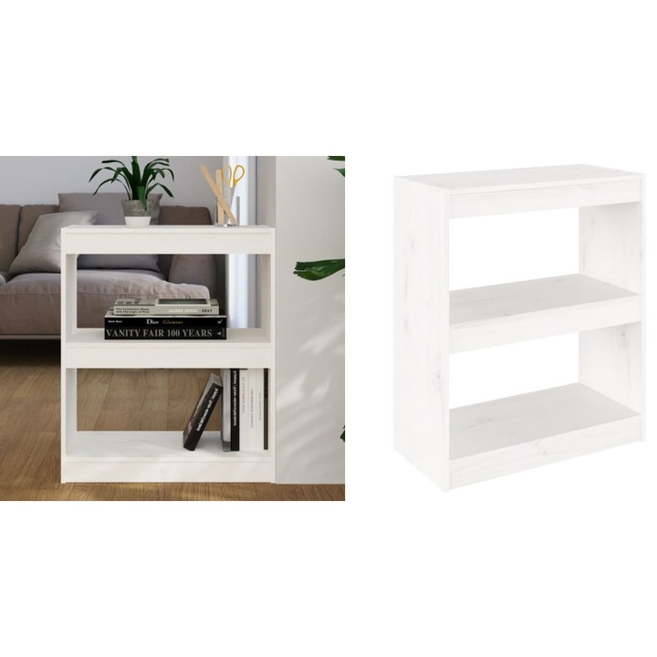 Biblioteca/Separator camera, alb, 60x30x71, 5 cm, lemn masiv de pin