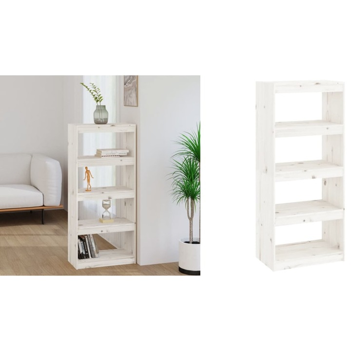 Biblioteca/Separator camera alb 60x30x135, 5 cm lemn masiv pin