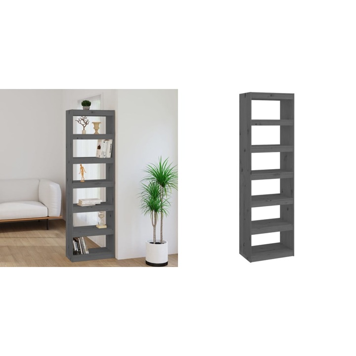 Biblioteca/Separator camera gri 60x30x199, 5 cm lemn masiv pin