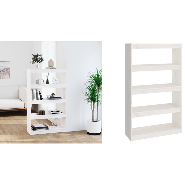 Biblioteca/Separator camera alb, 80x30x135, 5 cm, lemn masiv pin