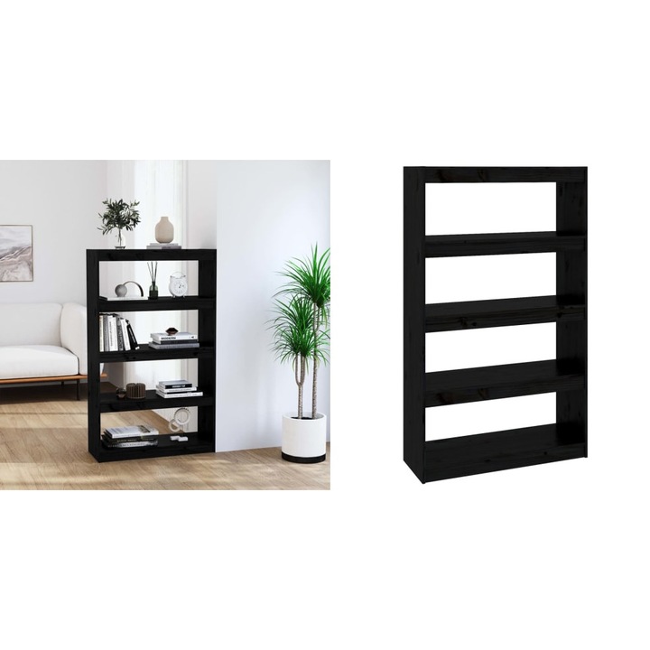 Biblioteca/Separator camera negru 80x30x135, 5 cm lemn masiv pin