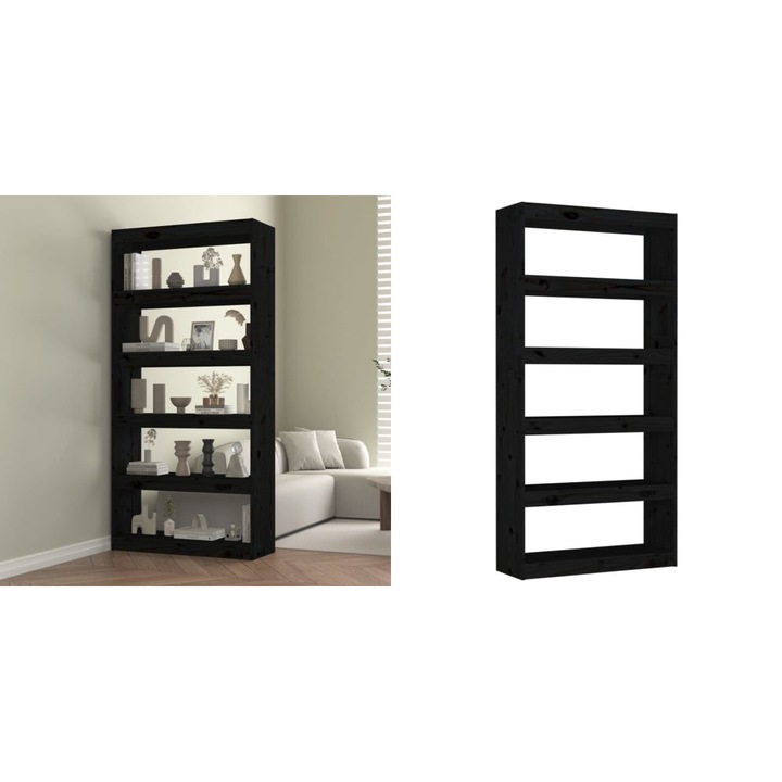 Biblioteca/Separator camera negru 80x30x167, 4 cm lemn masiv pin