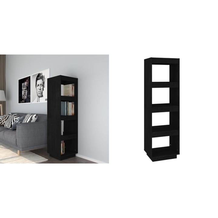 Biblioteca/Separator camera negru 40x35x135 cm lemn masiv pin