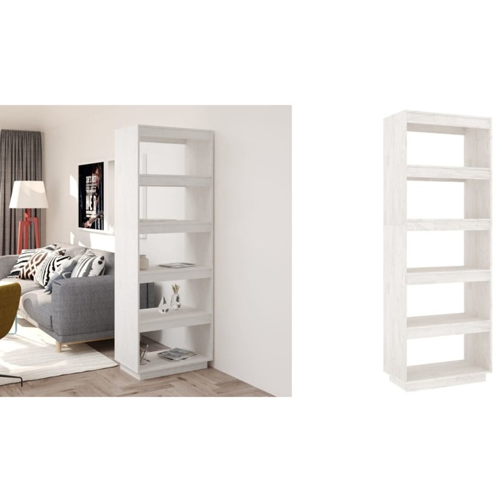 Biblioteca/Separator camera, alb, 60x35x167 cm, lemn masiv pin