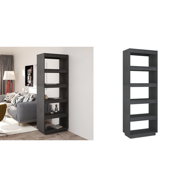 Biblioteca/Separator camera, gri, 60x35x167 cm, lemn masiv pin