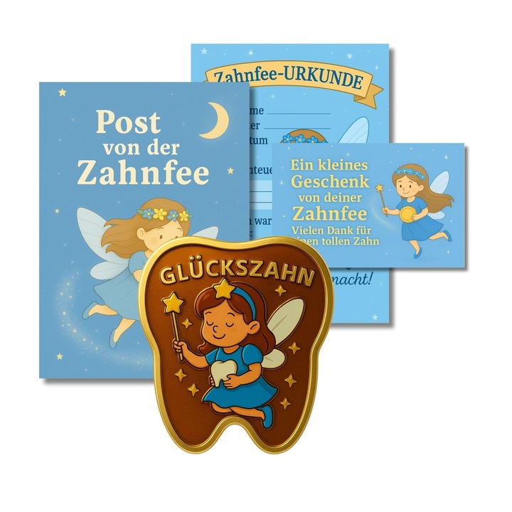 Cadou Milaboo® Zana Maseluta Pentru Copii – Moneda Norocoasa In Forma De Dinte (3, 5 Cm) Intr-O Punga De Organza Cu Felicitare, Scrisoare De La Zana Maseluta, Certificat Si Plic – Set Cadou Pentru Pierderea Dintilor (Albastru)