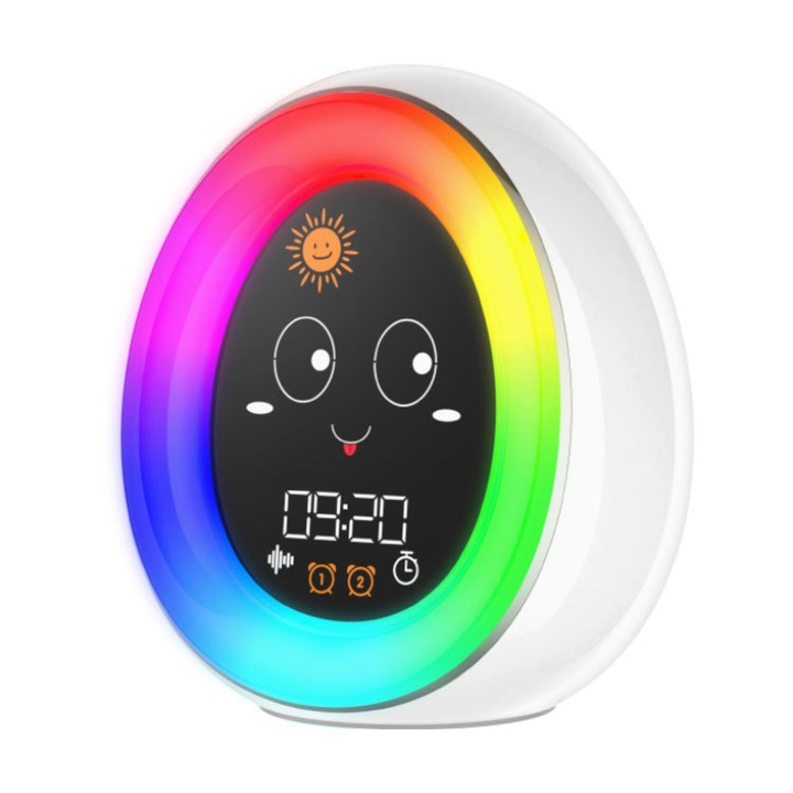 Ceas reincarcabil pentru copii, radio, cu expresii faciale dragute, ceas cu alarma inteligent, cu lumina alba de noapte si lumini multicolore pentru copii, design prietenos si usor de folosit
