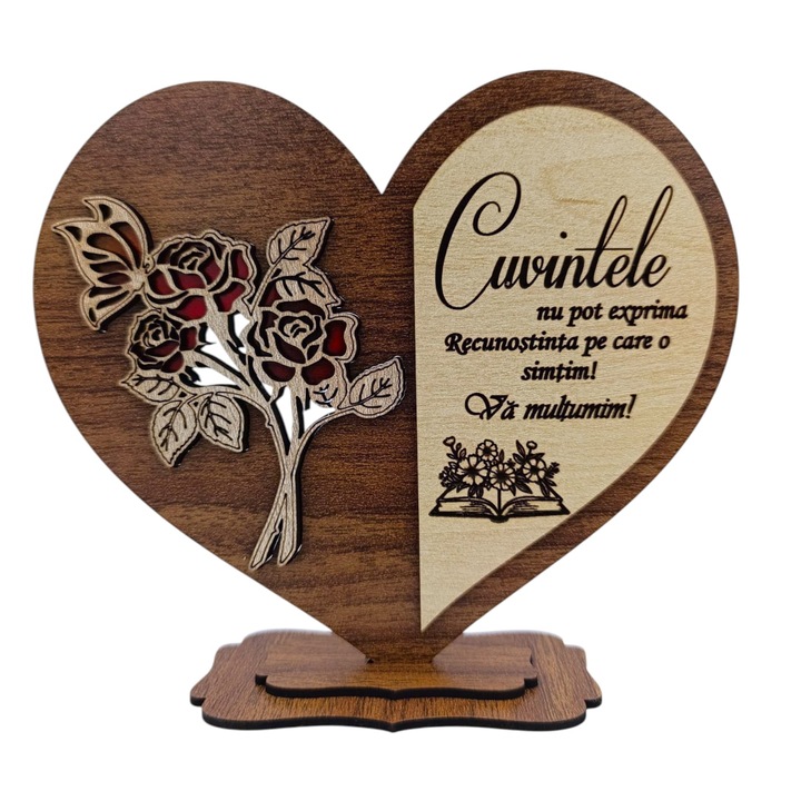 Cadou personalizat pentru Profesori "Cuvintele nu pot..." - inima cu mesaj personalizat – 15 cm, nuc