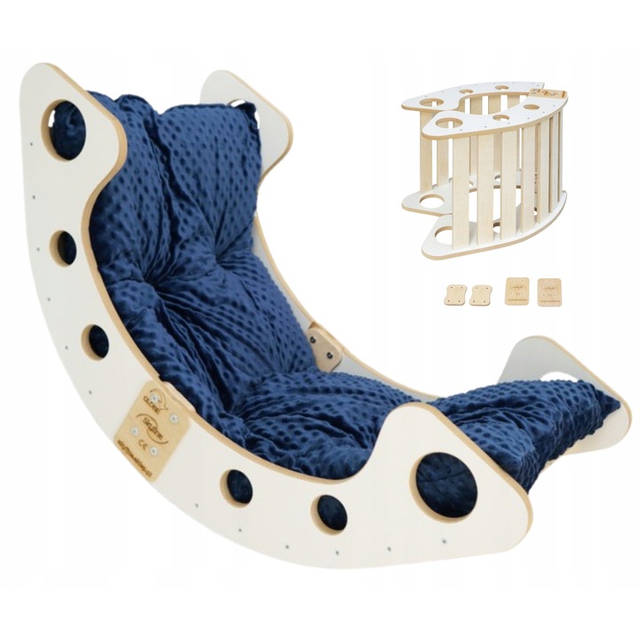 Комплект дървена люлка Монтесори с възглавница, Skyline, Модел B, 85 см x 37 см x 42 см, брезов/буков шперплат, внимателно заоблени и шлифовани ръбове, екологични материали, мултифункционален дизайн, бял/тъмносин