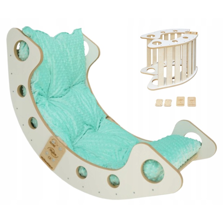 Комплект дървена люлка Монтесори с възглавница, Skyline, модел B, 100 см x 43 см x 50 см, шперплат от бреза/бук, заоблени и внимателно шлайфани ръбове, екологични материали, мултифункционален дизайн, бял/тюркоаз