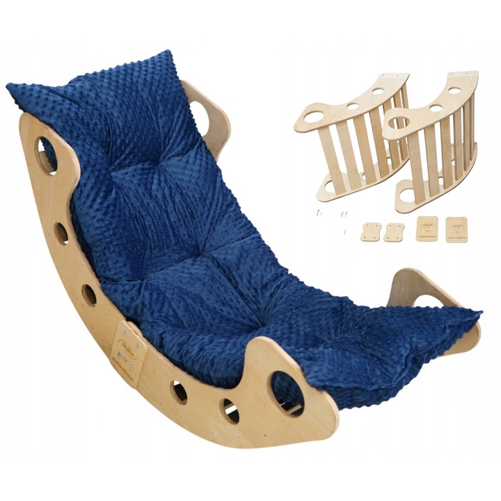 Set Leagan Din Lemn Cu Perna, Skyline, Model B, 100 cm x 43 cm x 50 Cm, Placaj De Mesteacan/Fag, Margini Rotunjite Si Slefuite Cu Atentie, Materiale Ecologice, Design Multifunctional, Natural/Albastru Inchi