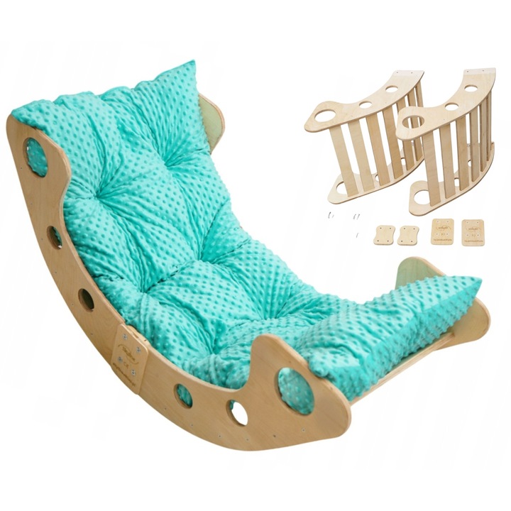 Set Leagan Din Lemn Cu Perna Montessori, Skyline, Model B, 100 cm x 43 cm x 50 Cm, Placaj De Mesteacan/Fag, Margini Rotunjite Si Slefuite Cu Atentie, Materiale Ecologice, Design Multifunctional, Natural/Turcoaz