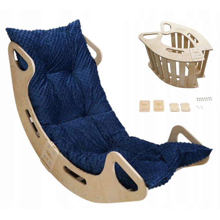 Set Balansoar Din Lemn Montessori Cu Perna, Skyline, Model A, 110 cm x 48 cm x 51 Cm, Placaj De Mesteacan/Fag, Margini Rotunjite Si Slefuite Cu Atentie, Materiale Ecologice, Design Multifunctional, Natural/Albastru Inchi