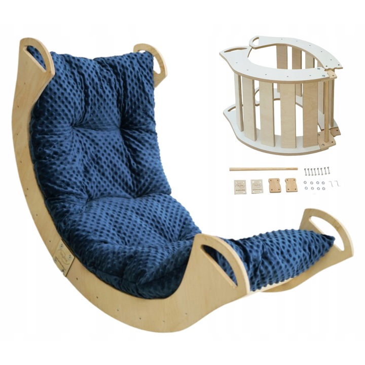 Комплект дървена люлка Монтесори с възглавница, Skyline, Модел C, 85 см x 42 см x 43 см, брезов/буков шперплат, внимателно заоблени и шлифовани ръбове, екологични материали, многофункционален дизайн, естествен/тъмно син