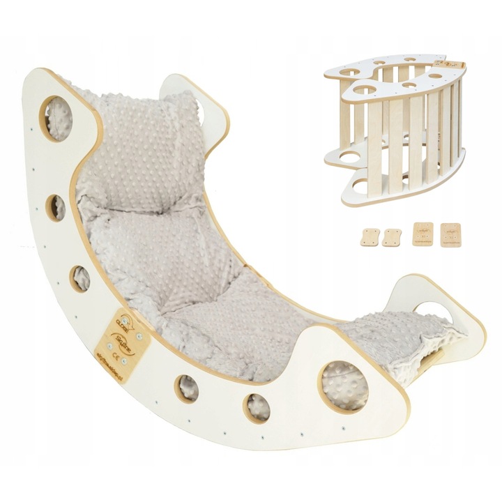 Комплект Дървена Монтесори Люлка с Възглавница, Skyline, Модел B, 85 см x 56 см x 51 см, Шперплат от бреза/бук, Внимателно заоблени и шлифовани ръбове, Екологични материали, Мултифункционален дизайн, Натурален/Сив