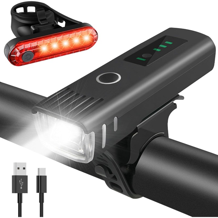 Комплект светлини за велосипед, OME, LED фар, сензор за светлина, черен, USB презареждащ се, 1500 mAh