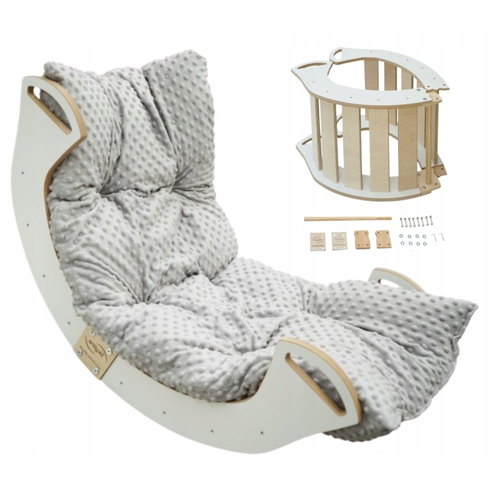 Set Leagan Din Lemn Montessori Cu Perna, Skyline, Model C, 85 cm x 56 cm x 51 Cm, Placaj De Mesteacan/Fag, Margini Rotunjite Si Slefuite Cu Atentie, Materiale Ecologice, Design Multifunctional, Natural/Turcoaz