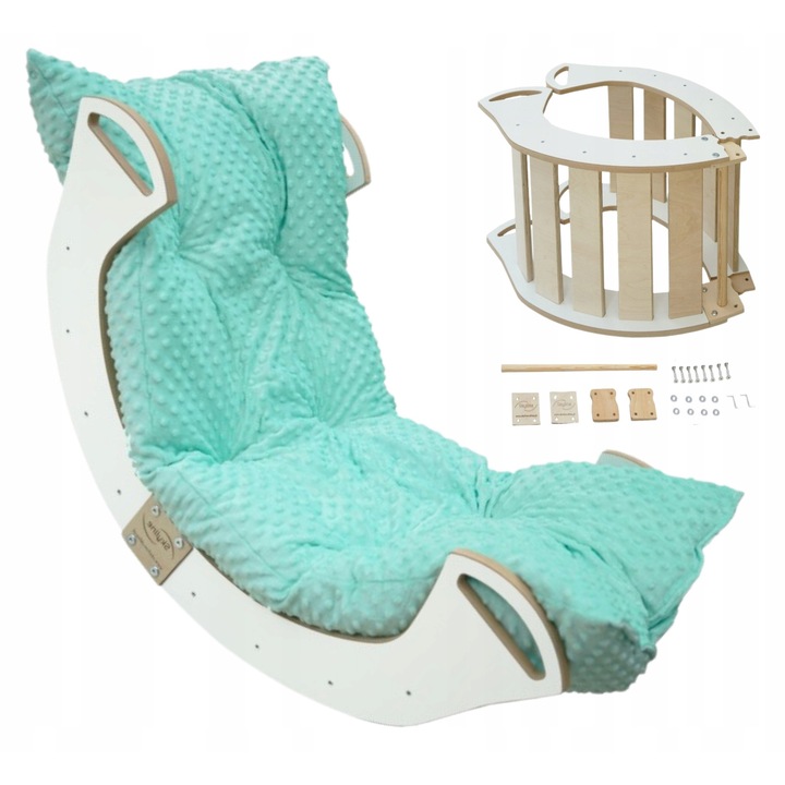 Комплект дървена люлка Монтесори с възглавница, Skyline, Модел C, 85 см x 42 см x 43 см, брезов/буков шперплат, внимателно заоблени и шлифовани ръбове, екологични материали, многофункционален дизайн, бял/бежов