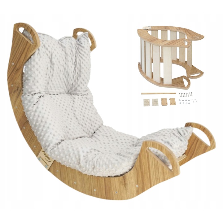 Комплект Дървен Монтесори Балансьор с Възглавница, Skyline, Модел C, 85 см x 42 см x 43 см, Шперплат от бреза/бук, Внимателно заоблени и шлифовани ръбове, Екологични материали, Мултифункционален дизайн, Дърво/Сиво