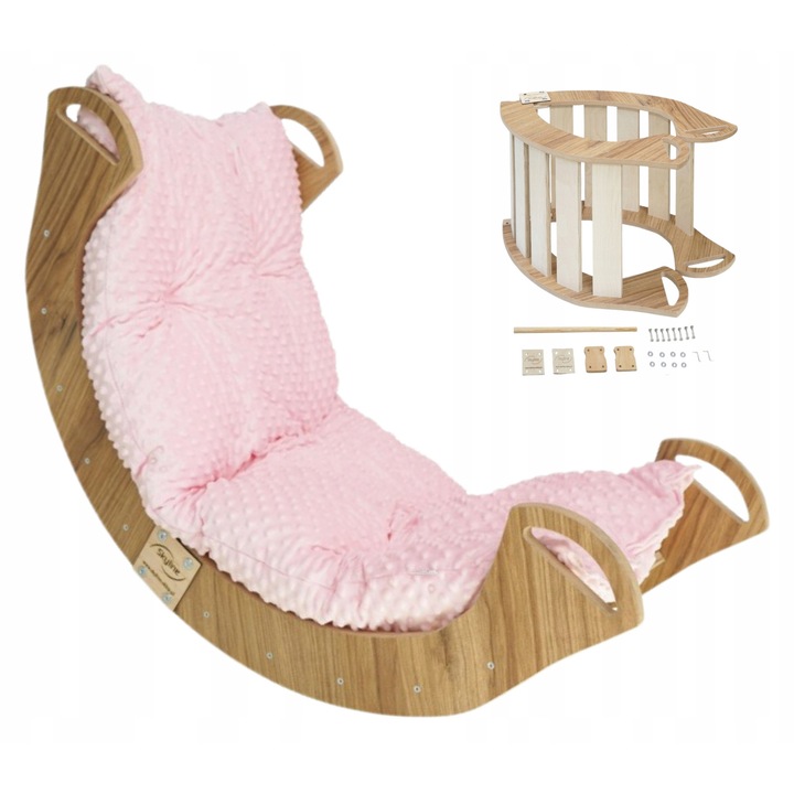 Комплект Дървена Монтесори Люлка с Възглавница, Skyline, Модел C, 100 см x 49 см x 46 см, Шперплат от Бреза/Бук, Внимателно Заоблени и Шлайфани Ръбове, Екологични Материали, Мултифункционален Дизайн, Естествен/Розов