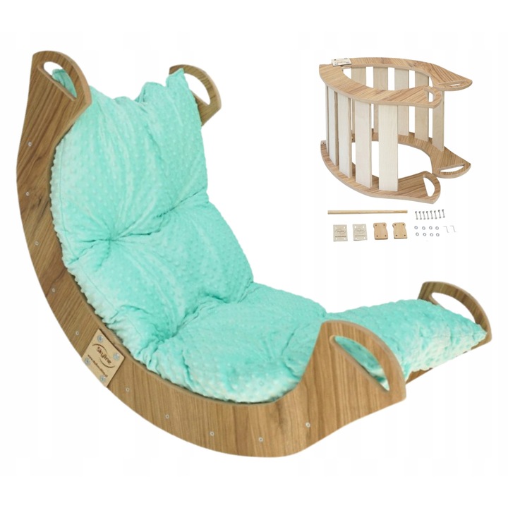 Комплект дървена люлка Монтесори с възглавница, Skyline, Модел C, 100 см x 49 см x 46 см, шперплат от бреза/бук, заоблени и внимателно шлайфани ръбове, екологични материали, многофункционален дизайн, естествен/тюркоаз