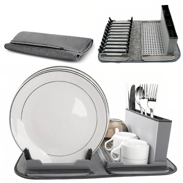 Uscator de Vase Pliabil cu Microfibra RARINCARE, Multifunctional, 45x35x15cm cu Scurgere Rapida, Tava de Picurare si Suport Tacamuri Detasabil, Gri