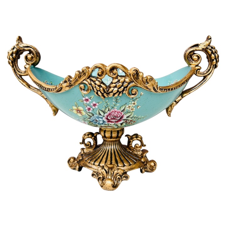 Fructiera din rasina, Dady, albastru turcoaz, cu model floral cu trandafir, cu toarte si picior aurii, dimensiuni 35x20x23 cm