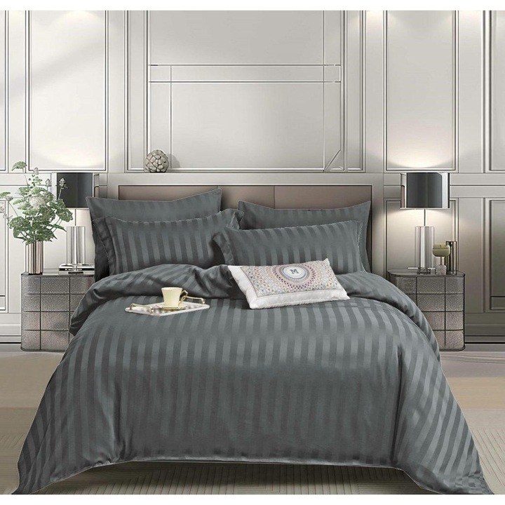 Спално бельо за двойно легло, Deluxe Satin Damask тип с ластик, 6 части, Чаршаф за легло 180x200, Плик за завивка 200x230, 2 Калъфки за възглавници 55x80, 2 Калъфки за възглавници 70x70, Сив