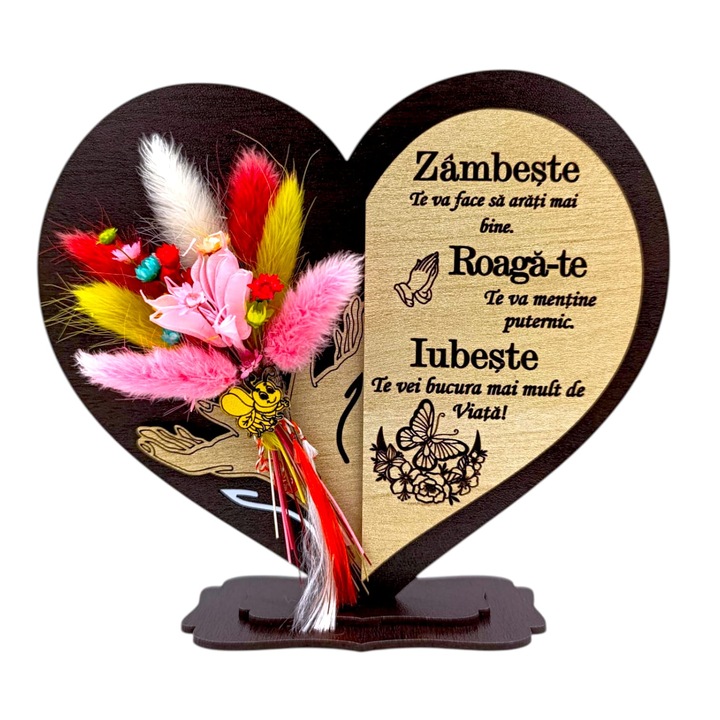 Cadou personalizat pentru Familie/Prieteni - inima cu paie si mesaj personalizat – 15 cm, wenge