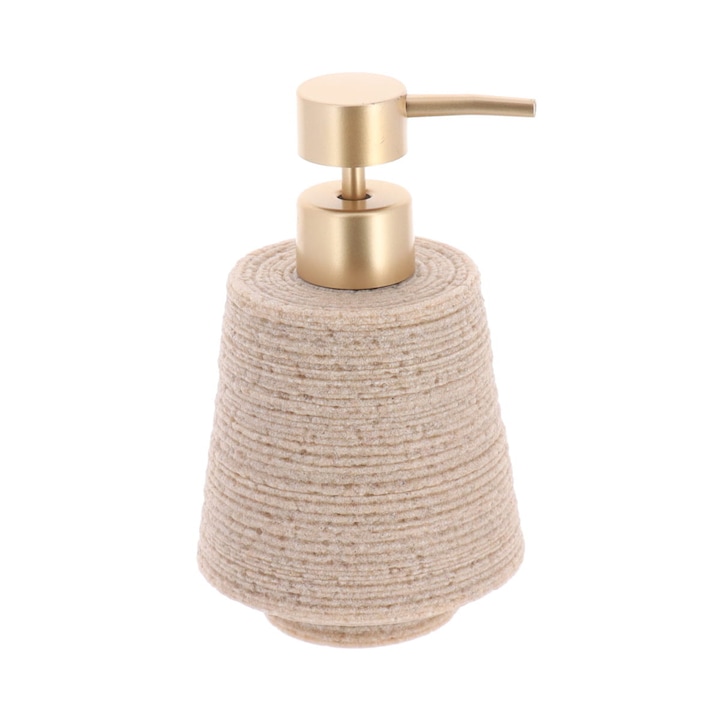 Дозатор за сапун, Tendance, Lina, полирезин, устойчив с ефект на камък, златист апликатор, модерен и елегантен стил, устойчив на влага, лесен за почистване, идеален за ежедневна употреба в банята, бежов
