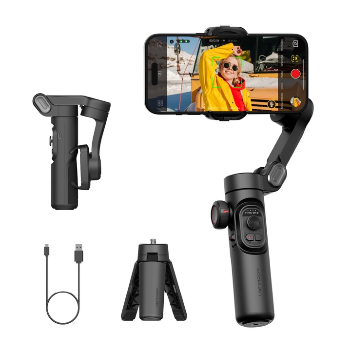 Stabilizator Gimbal Aochuan Pentru Smartphone, Gimbal Iphone Cu Roata De Focus Urmarire Fata/Obiect Pentru Iphone 16 15 Pro Max/Android Stabilizator Portabil Pliabil Pe 3 Axe Pentru Inregistrare Video - Smart Xe